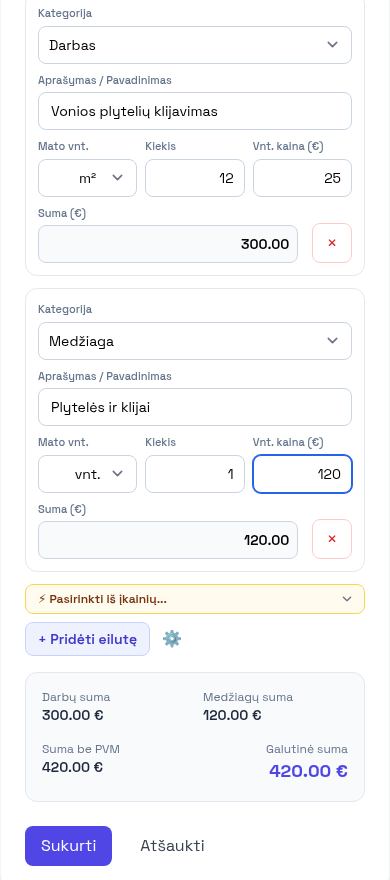 Paperwork sąmatos kūrimo ekranas telefone su darbų ir medžiagų eilutėmis bei automatiškai suskaičiuota suma