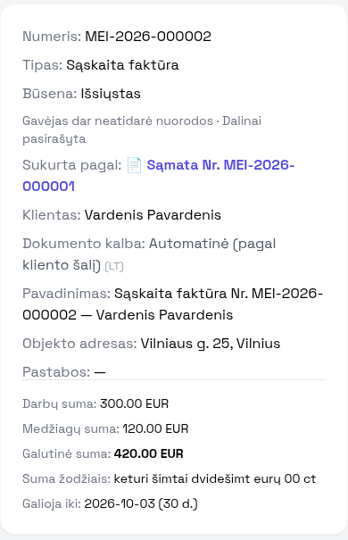 Išsiųstos sąskaitos faktūros ekranas telefone su suma ir statusu