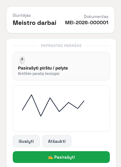 Kliento pasirašymo ekranas telefone su pirštu nubrėžtu parašu